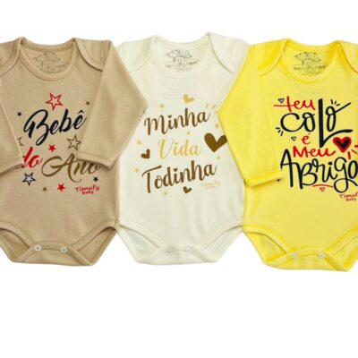 KIT C/3 – BODY MANGA LONGA 100% ALGODÃO IDEAL CHÁ REVELAÇÃO