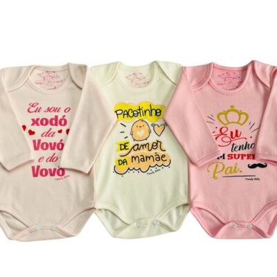 KIT C/3 – BODY MANGA LONGA 100% ALGODÃO FRASE FEMININO