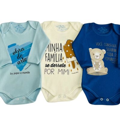 KIT C/3 – BODY MANGA LONGA 100% ALGODÃO FRASE E ESTAMPA MASCULINO