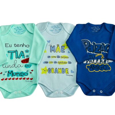 KIT C/3 – BODY MANGA LONGA 100% ALGODÃO FRASE MASCULINO