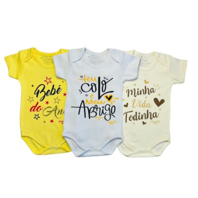 KIT C/3 – BODY MANGA CURTA 100% ALGODÃO IDEAL CHÁ REVELAÇÃO