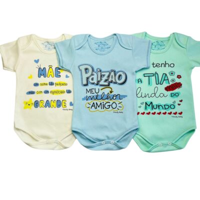 KIT C/3 – BODY MANGA CURTA 100% ALGODÃO FRASE MASCULINO