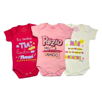 KIT C/3 – BODY MANGA CURTA 100% ALGODÃO FRASE FEMININO