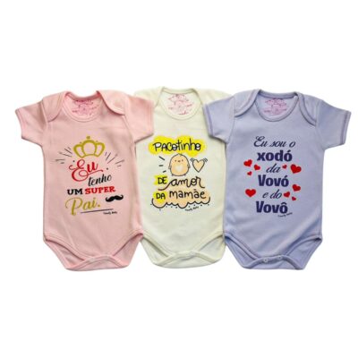 KIT C/3 – BODY MANGA CURTA 100% ALGODÃO FRASE FEMININO