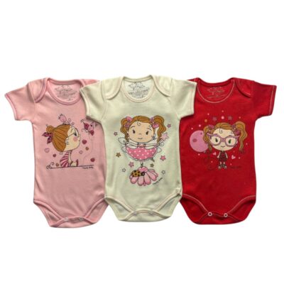 KIT C/3 – BODY MANGA CURTA 100% ALGODÃO ESTAMPA FEMININO