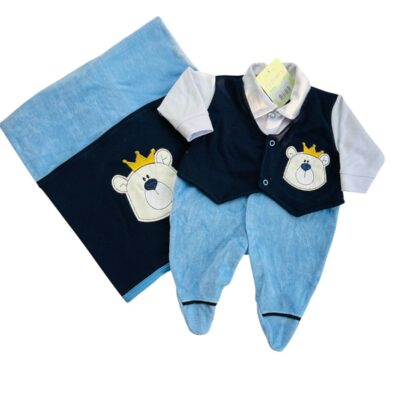 SAÍDA DE MATERNIDADE 2 PÇS MANTA E MACACÃO LONGO PLUSH E SUEDINE BORDADO MASCULINO