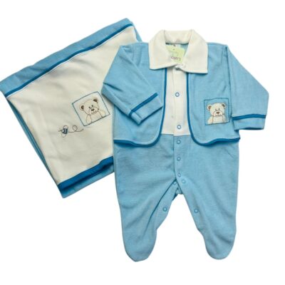 SAÍDA DE MATERNIDADE 2 PÇS MANTA E MACACÃO LONGO PLUSH E SUEDINE BORDADO MASCULINO