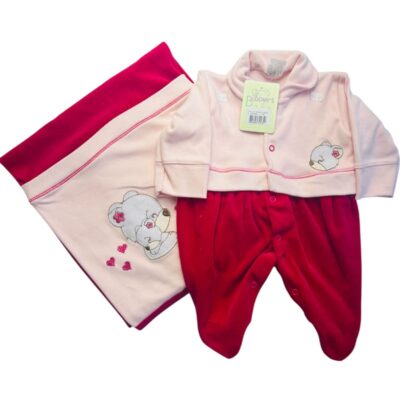 SAÍDA DE MATERNIDADE 2 PÇS MANTA E MACACÃO LONGO PLUSH E SUEDINE BORDADO FEMININO